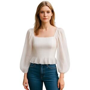 Hollister Shirred Corset Bodice Top Size Small White Sheer Long Balloon Sleeves